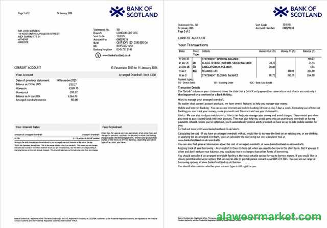 UK Bank of Scotland account statement Word and PDF template, 2 pages